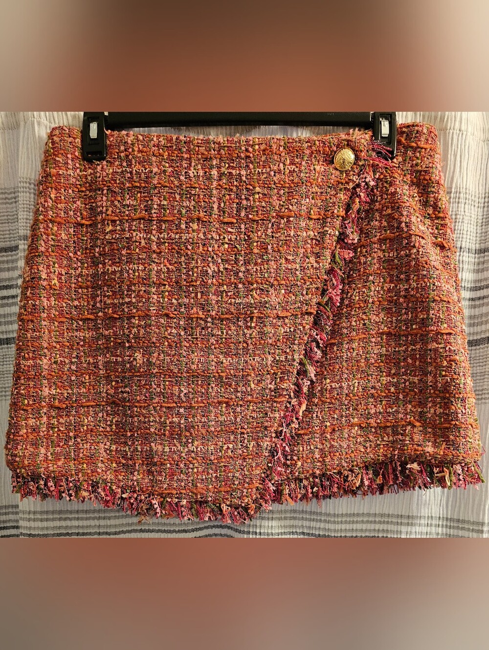BCBG Orange Multicolor Tweed Fringe Wrap Mini Skirt